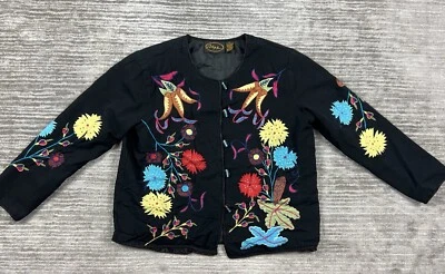 Alex Kim Jacket Womens Large Black Floral Embroidered Cotton Art To Wear - Image 1 of 4