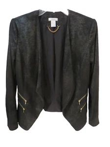 Womens Cache Black Open Front Zipper Detail Suede Look Drape Lapel Jacket Size 4 - Picture 1 of 13