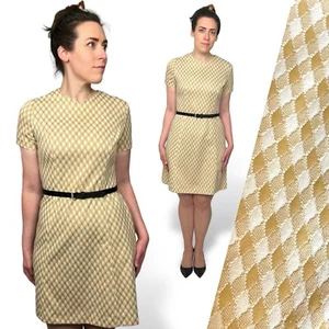 70s Vintage Textured Gingham Mini Dress in Tan & White Spring Summer Retro M - Picture 1 of 8