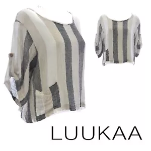 LUUKAA Linen Gauze A1022 TABBIE SLEEVE POCKET TOP S M L XL GREIGE STRIPE - Picture 1 of 23
