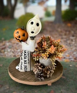 Primitive Halloween Recycled Metal Retro Ghost with Jack O Lantern 11" - Picture 1 of 2