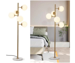 Floor Lamp 5 Light  Modern Frosted White Glass Globe Gold Pole Marble Base KCO - Picture 1 of 9