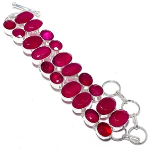 Red Simulated Gemstone Handmade 925 Sterling Silver Bracelet 7-8" - Picture 1 of 5