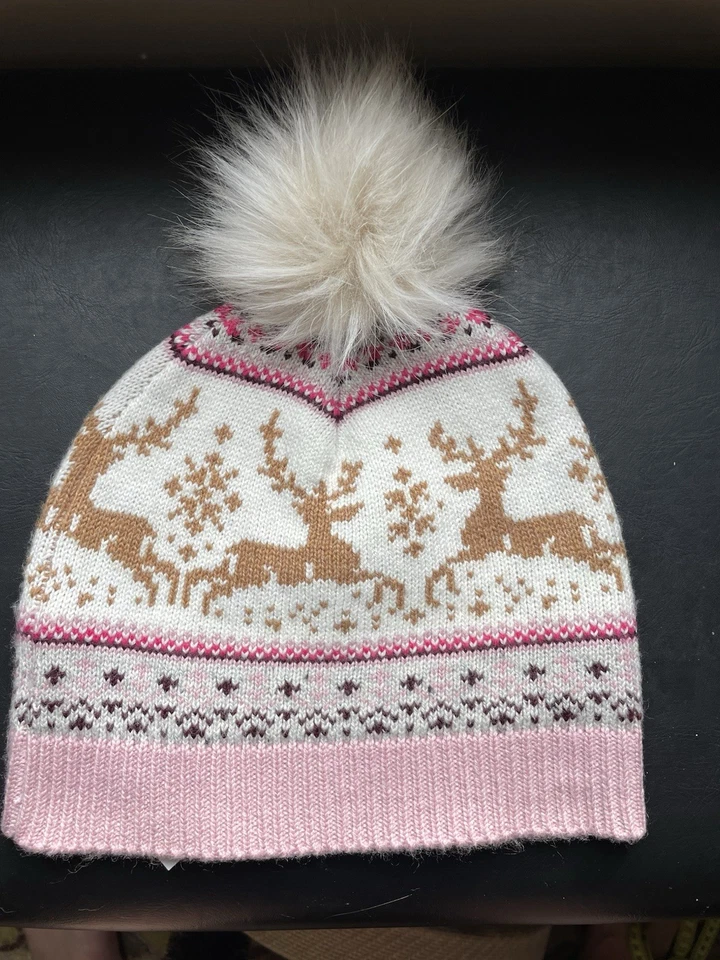 Sombrero tejido Talbots Reindeer Fair Isle, rosa/crema Pom, mezcla de algodón nuevo con etiquetas $49.50 Foto 1 de 4