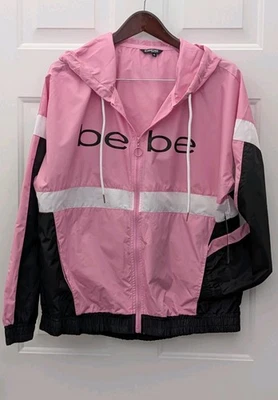 Chaqueta cortavientos ligera con capucha cremallera completa para mujer marca/be be, negra/rosa y blanca L Foto 1 de 4