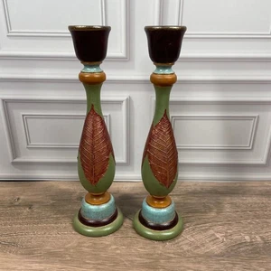 Holz Kerzenständer Halter Blattgold grün braun blau Kunsthandwerk Handarbeit 2er Set - Bild 1 von 11