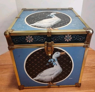Vintage 1980s Decoupage Country Puddle Duck Book Storage Trunk Blue SARON Wood - Image 1 of 4