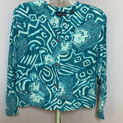 Carole Little Vintage Silk Jacket Size 14 Teal Blue Abstract Floral Print Blazer - Image 1 of 4