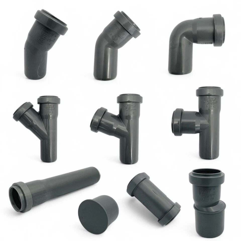 HT Rohr Abflussrohr Abwasserrohr Bogen Abzweig Muffe Kappe DN 32 40 50 HT Safe® - Bild 1 von 1