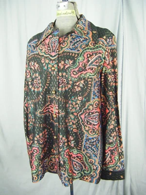 Vintage 60-70s Black Golden Stitches Mod Printed Nylon Knit Blouse-Bust 46/L - Image 1 of 4