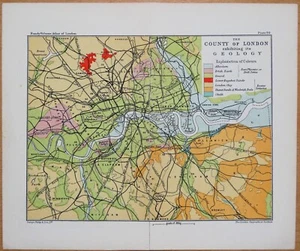 Antique London Geological Map City & Environs Old Vintage Print c1925 - Picture 1 of 2
