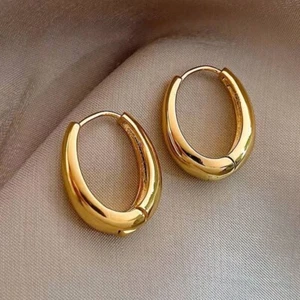 18K vergoldet Grob Oval Design Hohl Creolen Druckknopfverschluss Top - Bild 1 von 6