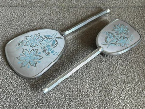 Vintage Hand Held Vanity Mirror And Hair Brush Set - Blue & Silver - Dressing - Picture 1 of 6