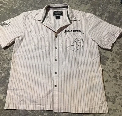Harley Davidson Мужская рубашка с коротким рукавом в полоску размер большой белый серый желтовато-коричневый - Изображение 1 из 4