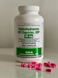 DIPHENHYDRAMINE 50MG 1000Ct Capsules, SDA LABS, Allergy Relief Free & Fast Ship - Picture 1 of 8