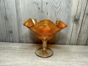 FENTON MARIGOLD CARNIVAL GLASS COMPOTE HOLLY PATTERN CLEAR STEM Vintage - Picture 1 of 4