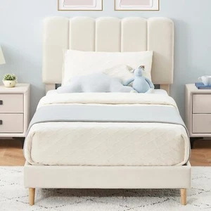 Twin Size Upholstered Platform Bed Frame with Headboard for Girls, Velvet - Picture 1 of 6