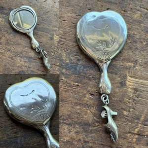 Vintage Miniature Sterling Silver Heart Mirror Chatelaine With White Metal Shoe - Picture 1 of 6