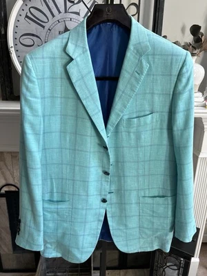 KITON men's recent cashmere linen silk sport jacket coat aqua plaid US 46L - Image 1 of 4