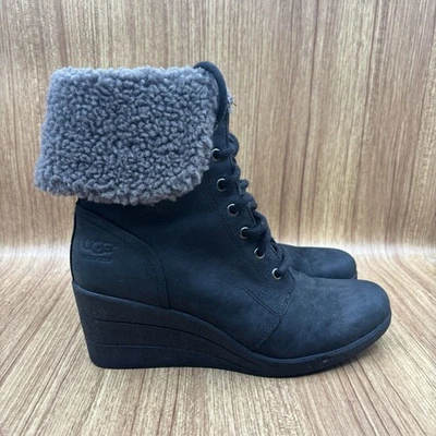 Botas con cordones UGG Zea impermeables de cuero negro gris piel de oveja tacón de cuña TALLA 8 Foto 1 de 4