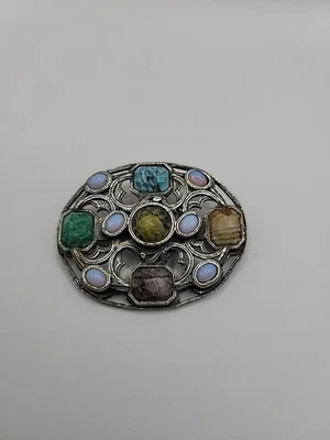 Vintage Miracle Scottish Celtic Brooch Faux Agate Opal Glass Stones Silver tone - Image 1 of 4
