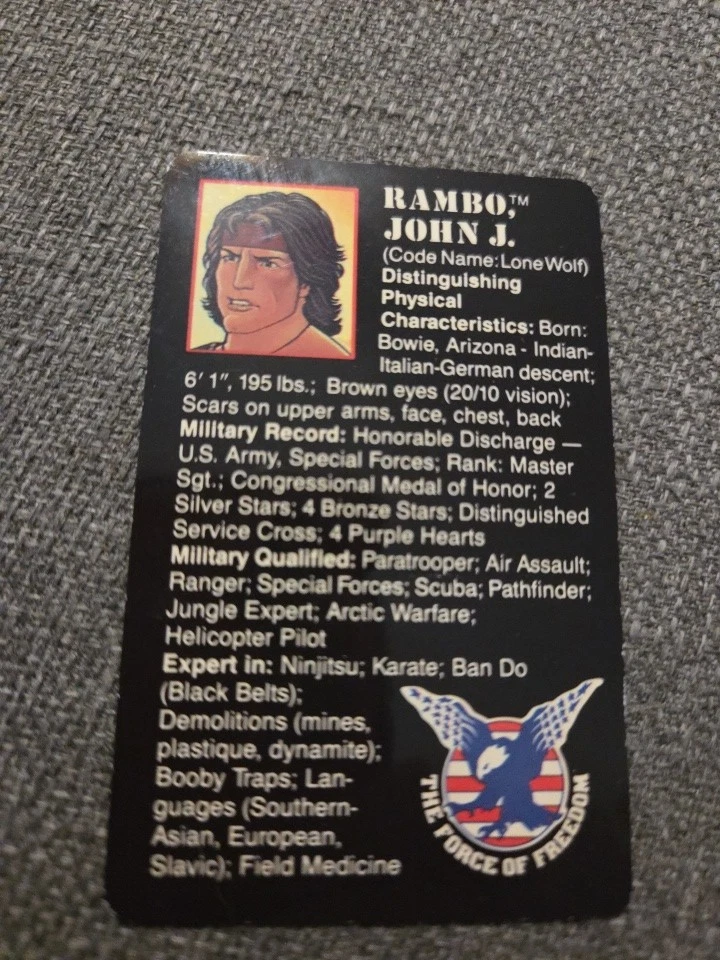 Tarjeta de archivo Coleco Rambo vintage años 80 accesorio John J. Rambo 1986 Foto 1 de 1