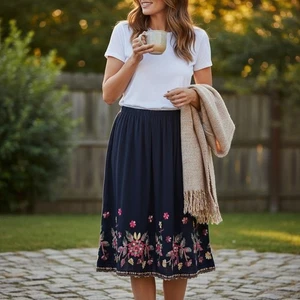 LIV Los Angeles Falda Pull On Negra Floral Bordada Bohemia Cottagecore XL - Imagen 1 de 10