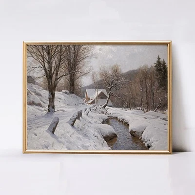 Póster vintage de paisaje de invierno - impresión de arte de pared rústico de Navidad de granja Foto 1 de 4