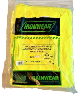NEW IRONWEAR 2 PC RAINSUIT ANSI CLASS 3 JACKET W/TUCKAWAY HOOD & BIB PANT S:5XL - Image 1 of 4