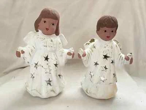 Vintage Ceramic Christmas Boy & Girl Angel Votive Candle Holders w/ Star Cutouts - Picture 1 of 6