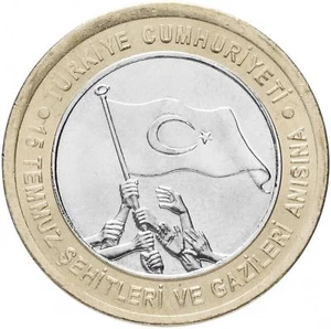 TURKEY 1 LIRA 2016 COMM BiMETAL UNC COIN IN MEMORY OF 15th JULY MARTYRS&VETERANS - Picture 1 of 5