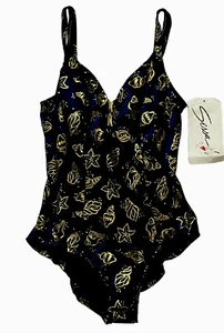 SESSA Womans One Piece Swimsuit Navy Blue Gold Foil Shells Sz 14 Made USA New - Picture 1 of 13