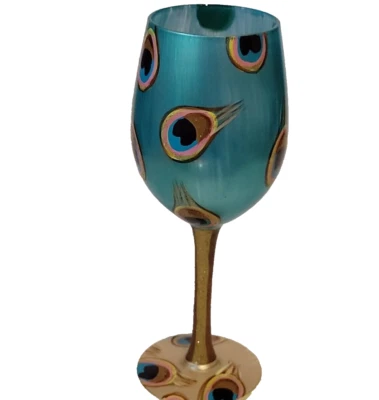 Copa de vino Lolita ojo de pluma pavo real pintada a mano azul dorado brillo Foto 1 de 4