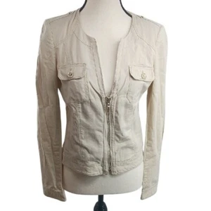 White House Black Market Jacket Size 2 Linen Beige Zip Front Military Style - Picture 1 of 7