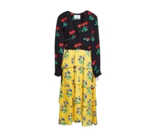 NWOT Novis Berkeley Midi Dress Womens 2 Black Yellow Floral Print VNeck Silk NEW - Picture 1 of 13