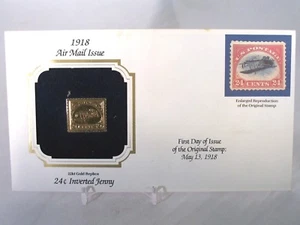 22KT Gold US Stamp Replica 1918 Air Mail Inverted Jenny FDI FDC May 13, 1918 - Picture 1 of 4