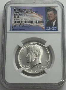 1964 NGC PF68 Proof Type 1 Straight G Silver Kennedy Half JFK Coin Signature 50c - Picture 1 of 3