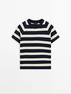 MASSIMO DUTTI Short Raglan Sleeve Cotton Sweater Tee Navy Striped Sz S Fisherman - Picture 1 of 7