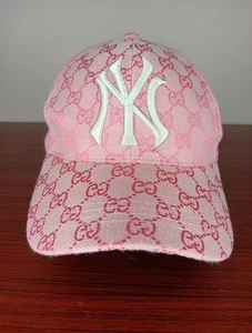 Gucci X NY Yankees Logo Hat Cap Pink Adjustable Strap Back Embroidered EUC - Picture 1 of 7