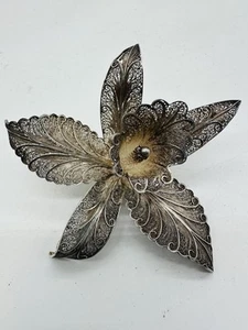 Vintage Sterling Filigree Orchid Brooch Portugal Reg 3469 - Picture 1 of 9