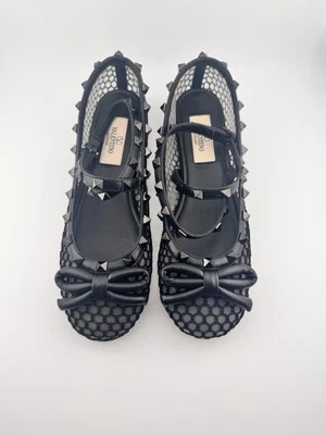 Bailarinas Valentino Garavani Rockstud de malla y cuero con correa al tobillo - negras - 36 Foto 1 de 4