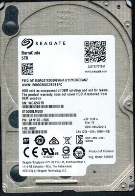 ST5000LM000 P/N: 2AN170-566 F/W: 0001 S/N: WCJ2 TK 5TB AUG 2019 THAILAND SEAGATE - Image 1 of 2