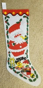 Vintage Decorative Thin Felt Stocking 17" Printed Santa Design On Front - Picture 1 of 5