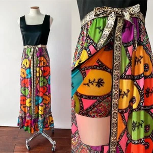 Vintage 1970s Mod Rainbow Paisley Zip Front Maxi Tunic & Peekaboo Shorts Set XS - Picture 1 of 10