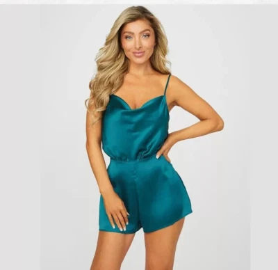New NWT GUESS Louma Romper Dark Jade Green Silky Sleeveless Size Medium - Image 1 of 4