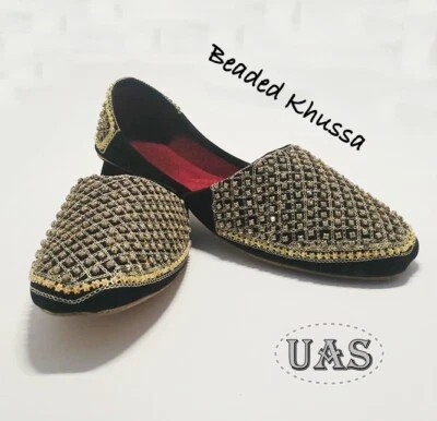 US 7-11 BEADED BLACK & GOLDEN LEATHER MEN SHOES HANDMADE KHUSSA - Image 1 of 4