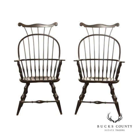 Nichols & Stone Pair Black Painted Comb Back Windsor Chairs Cover