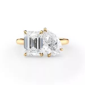 2ct Emerald 1.50ct Pear Toi et Moi Lab Grown Diamond Engagement Ring F VVS2 - Picture 1 of 10