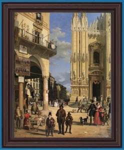Milano Ottecento Angelo Inganni Piazza Duomo serigrafia su tela cornice 87x70cm - Imagen 1 de 1