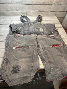 VTG Carhartt Overall 36x32 Gray Insulated Bib Quilted Double Knee Major Distress - Picture 1 of 20